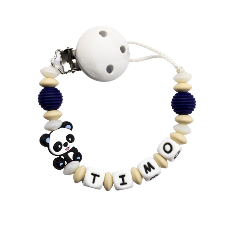 Nuggikette personalisiert mit Name Pandabär Blau Naturfarbe